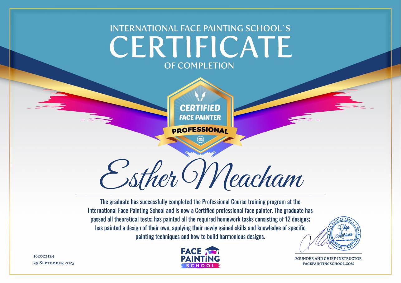 International Face Painting School professional certificate awarded to Esther Meacham